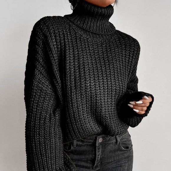Black Casual Womens Turtleneck Drop Shoulder Ribbed Knit Sweater - Picture 5 of 5